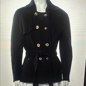 Sandro Black Double-Breasted Wool Blend Belted Pea Coat with Gold Buttons